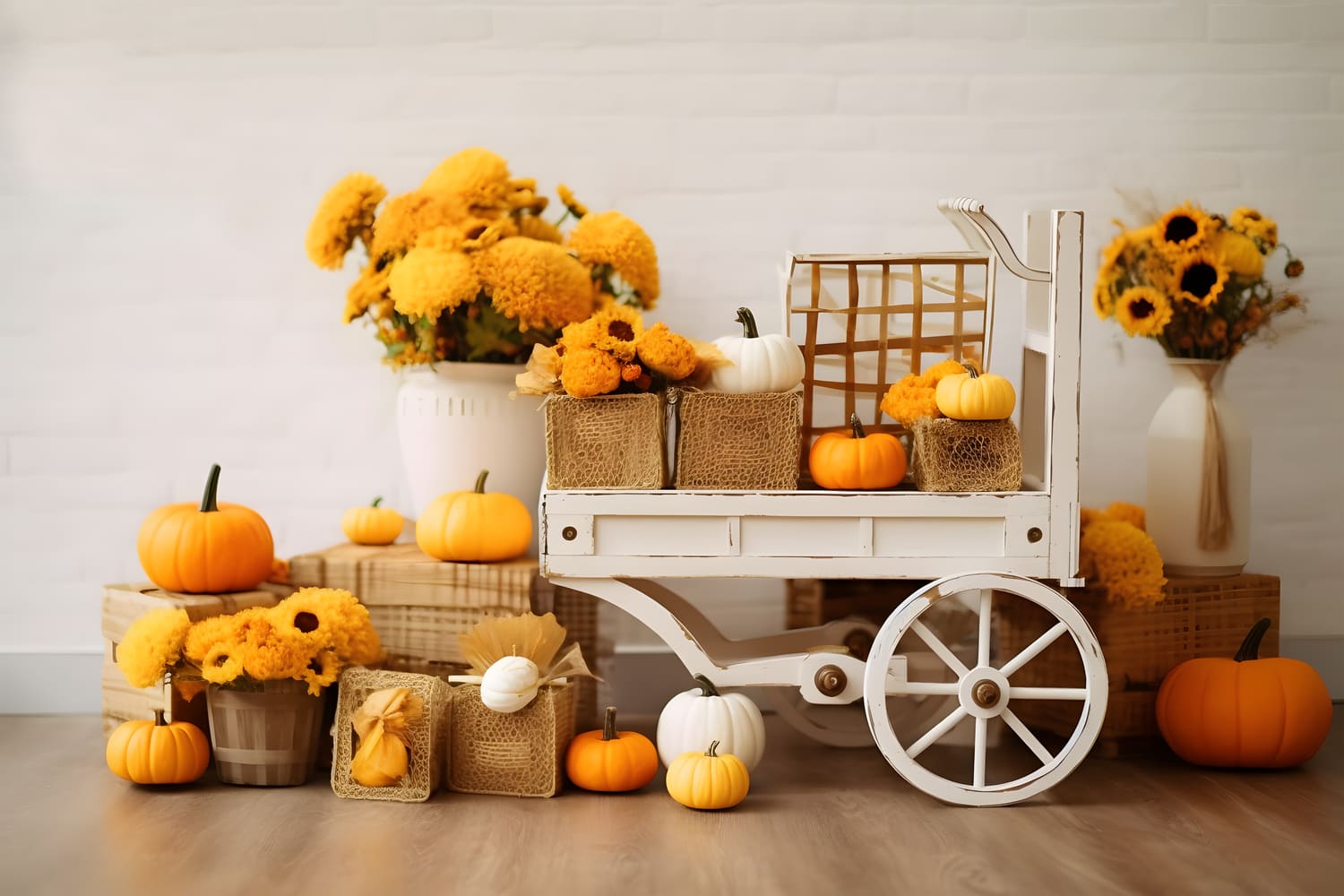 Autumn Sunflowers Wooden Cart Backdrop UK RR7-130