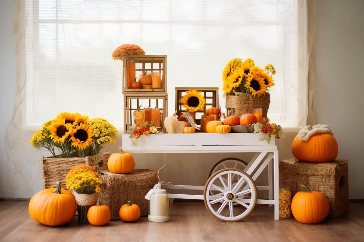 Sunflowers Pumpkins Cart Autumn Backdrop UK RR7-131