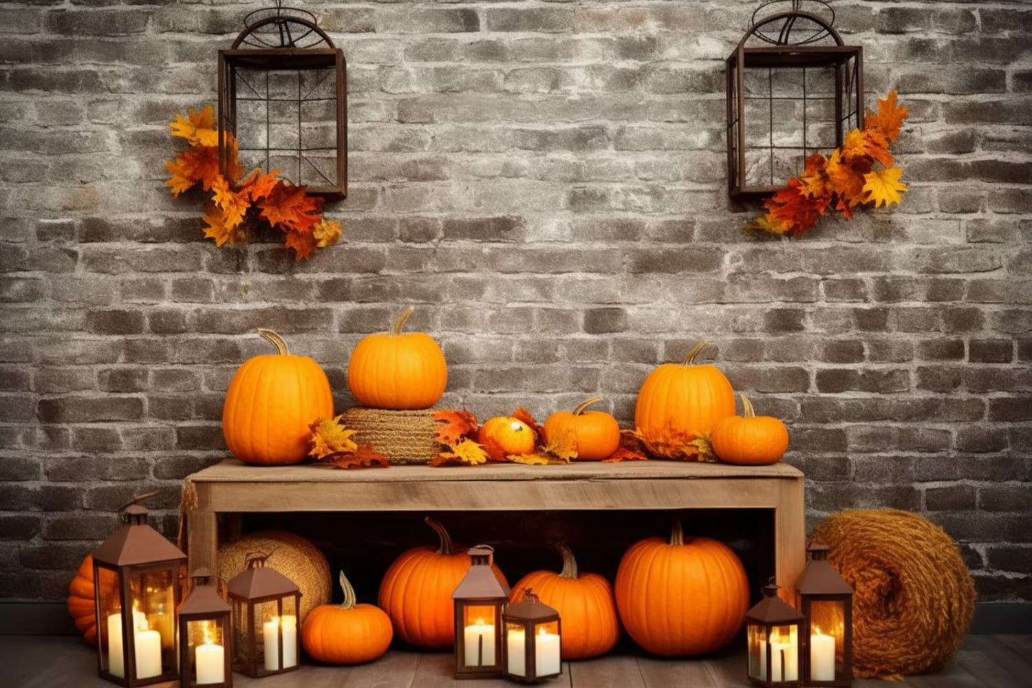 Autumn Harvest Pumpkins Brick Wall Backdrop UK RR7-132