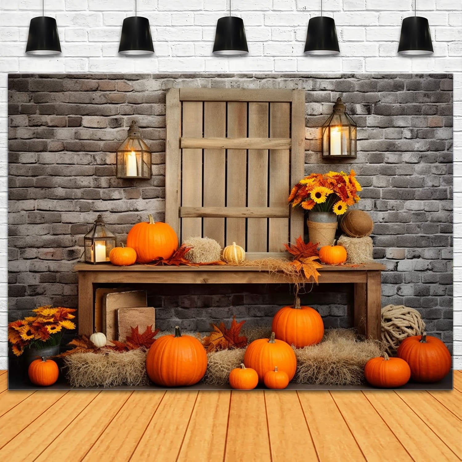 Autumn Barn Straw Pumpkins Backdrop UK RR7-133