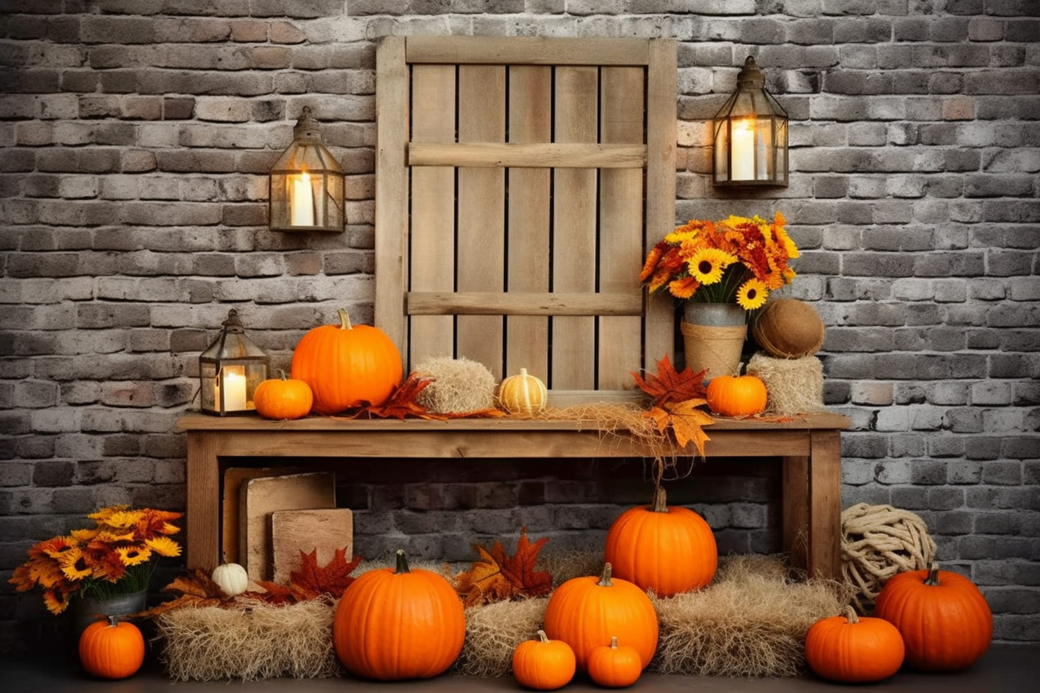 Autumn Barn Straw Pumpkins Backdrop UK RR7-133