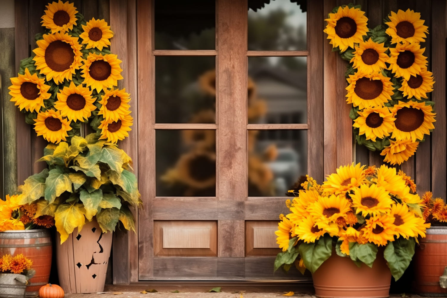 Sunflowers Wood Barn Door Autumn Backdrop UK RR7-136