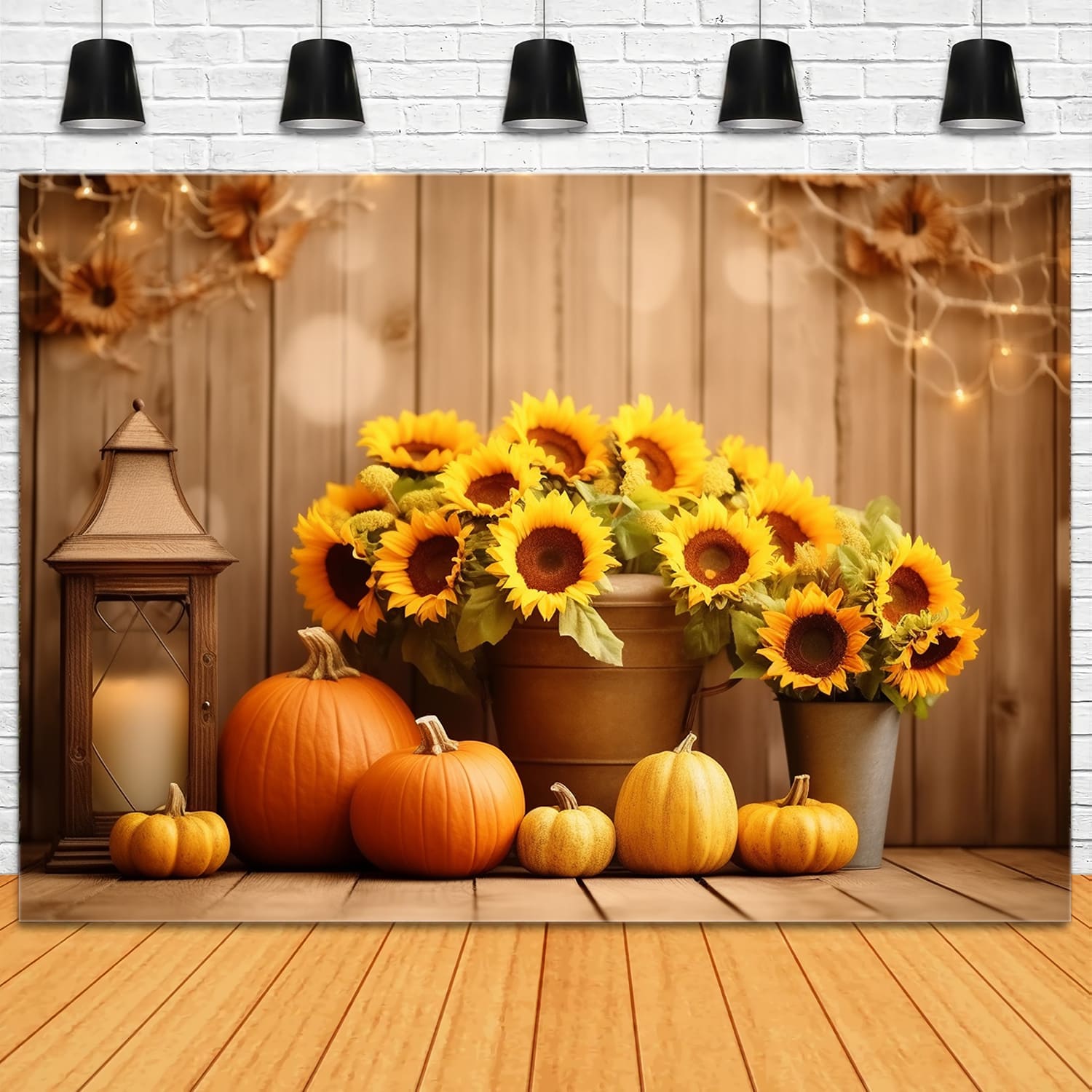 Autumn Pumpkins Sunflower Wood Backdrop UK RR7-137