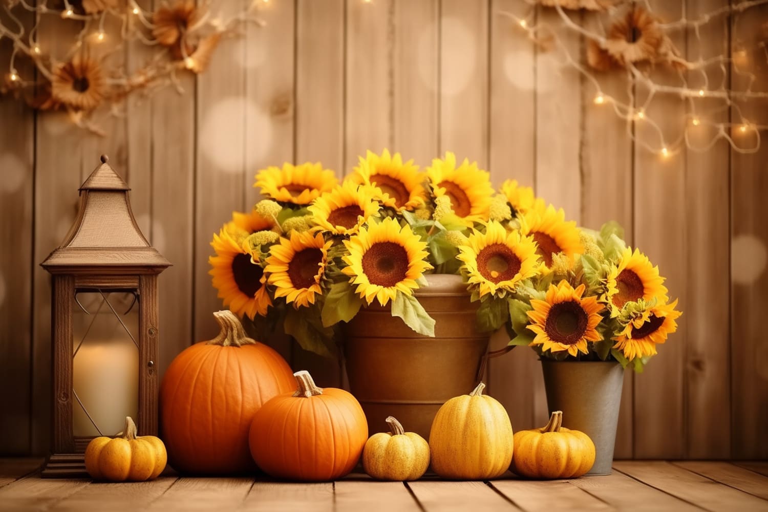 Autumn Pumpkins Sunflower Wood Backdrop UK RR7-137