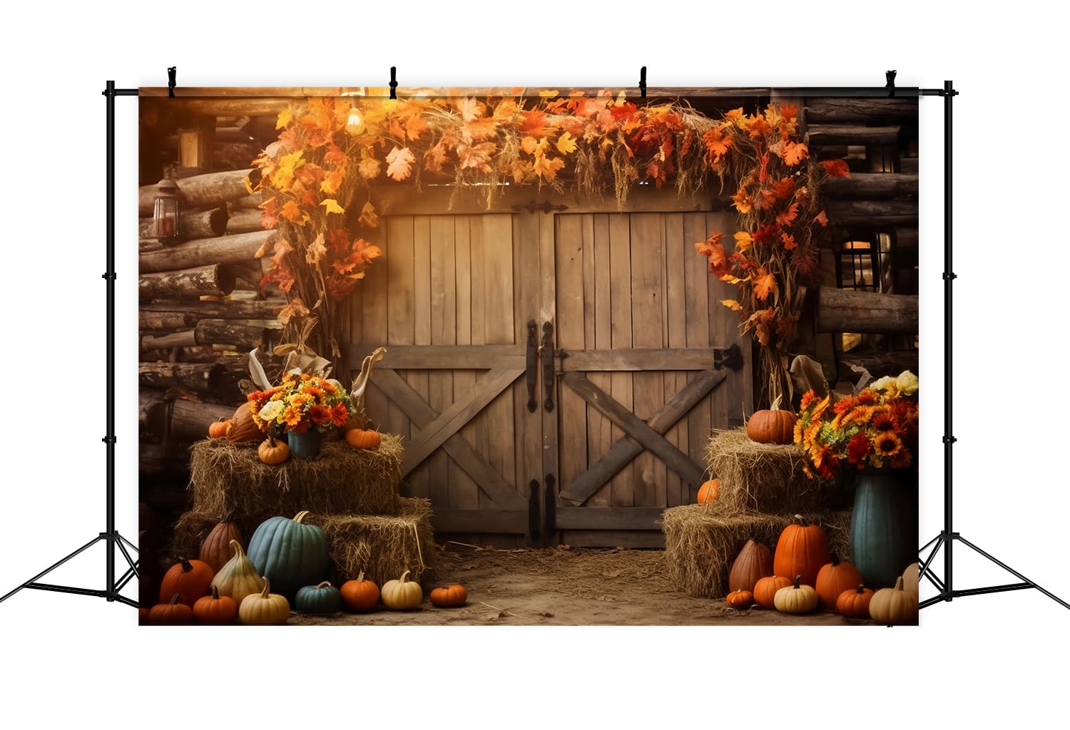 Autumn Barn Haystack Maple Leaves Backdrop UK RR7-141