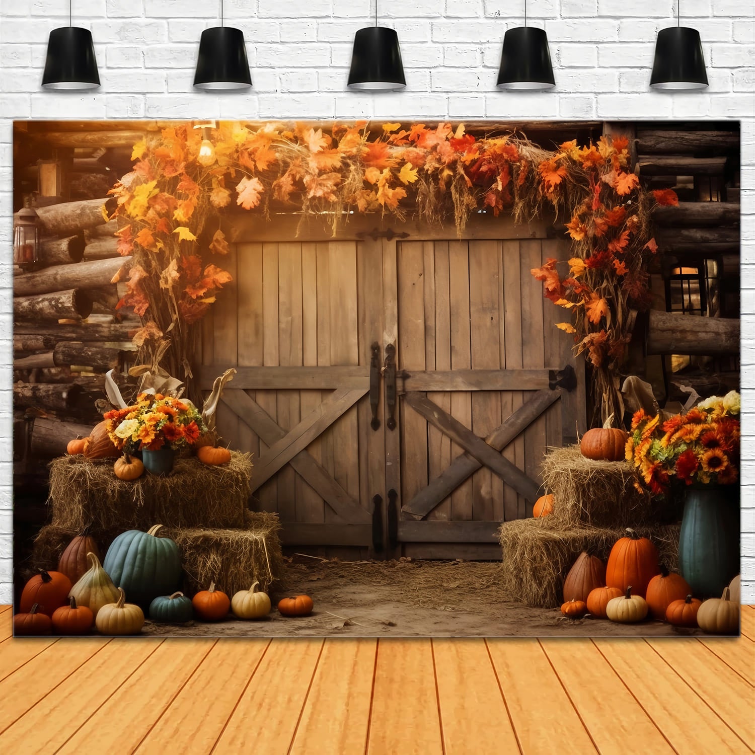 Autumn Barn Haystack Maple Leaves Backdrop UK RR7-141