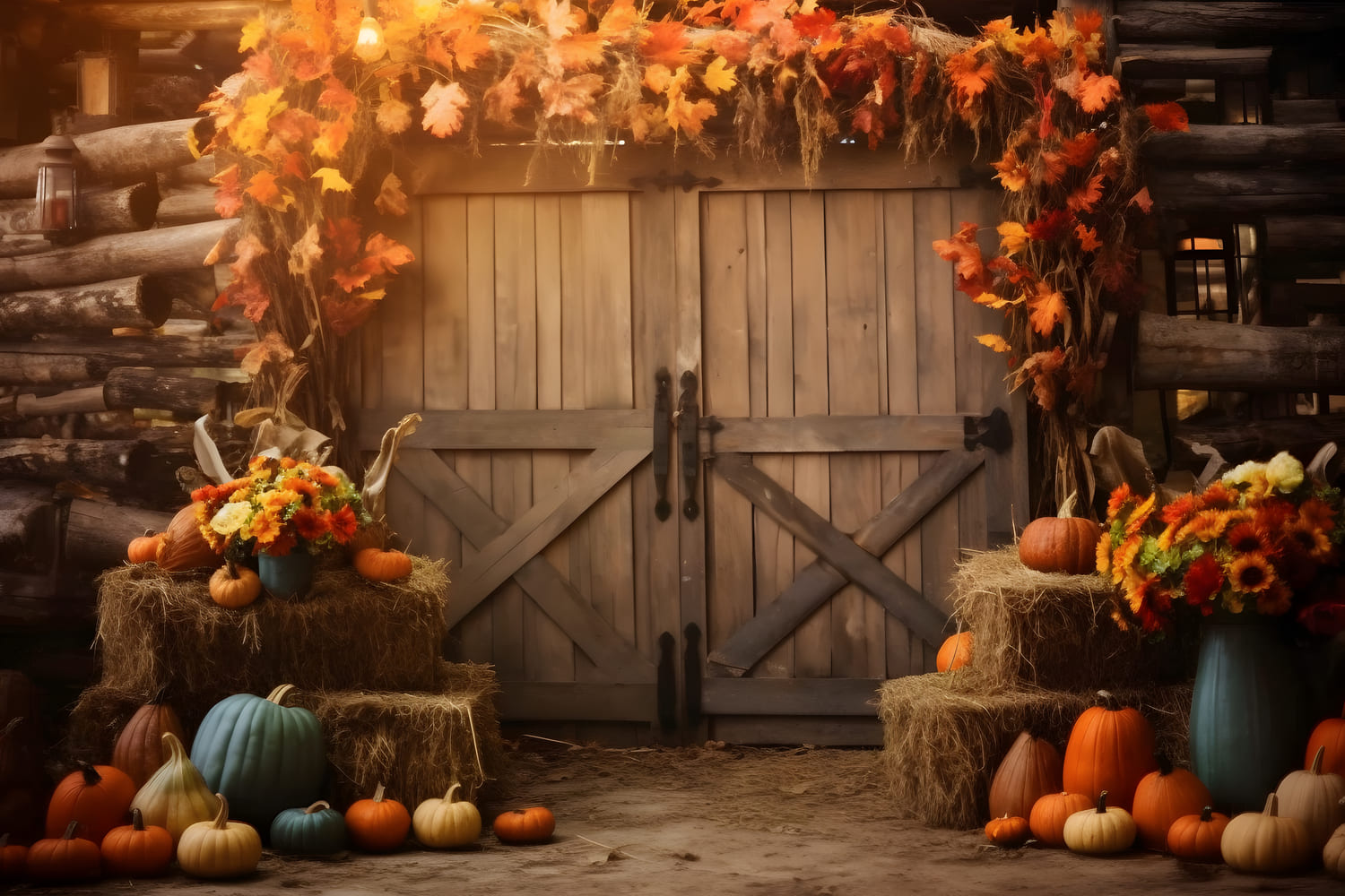 Autumn Barn Haystack Maple Leaves Backdrop UK RR7-141