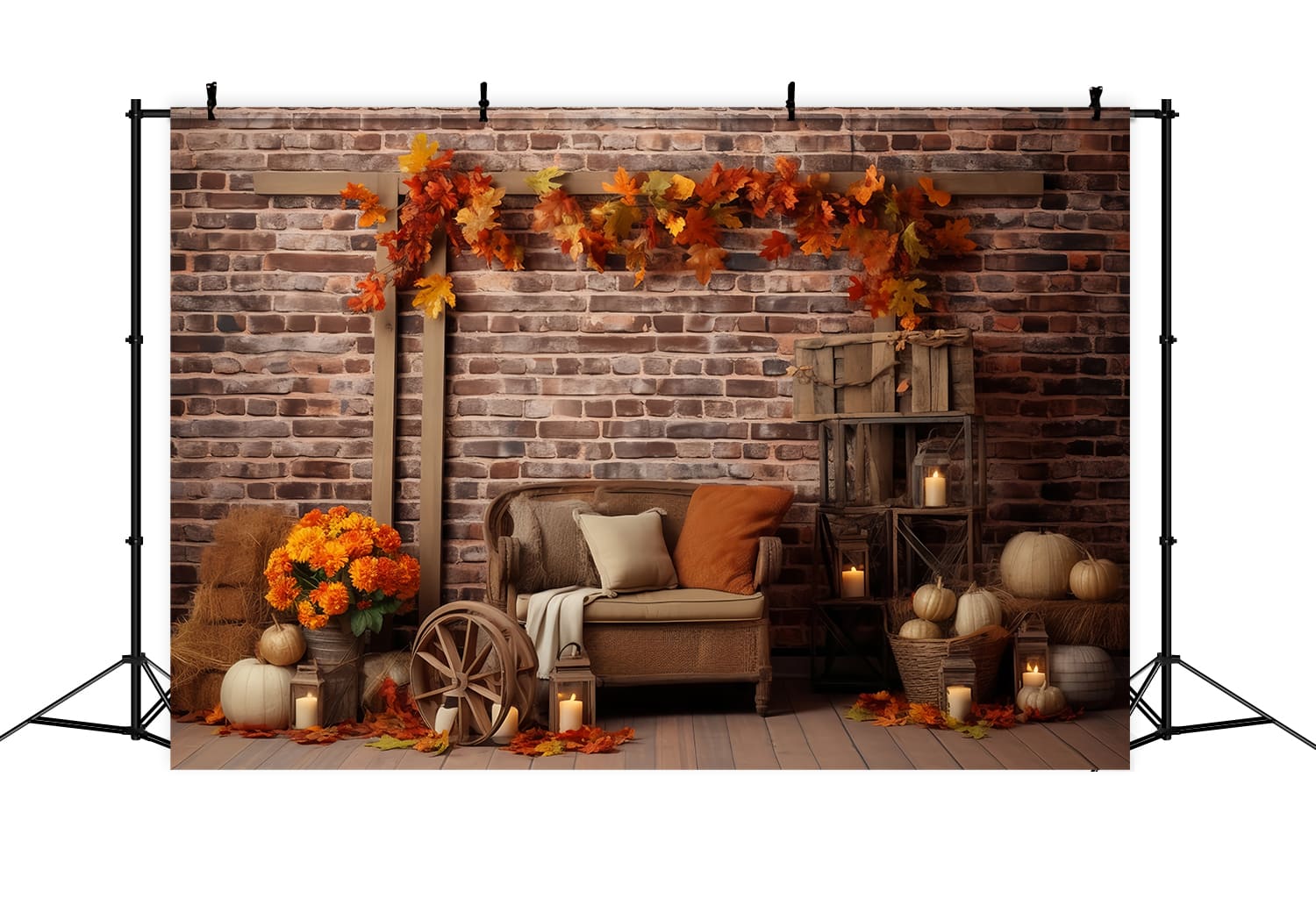 Pumpkins Maple Leaves Wall Autumn Backdrop UK RR7-142