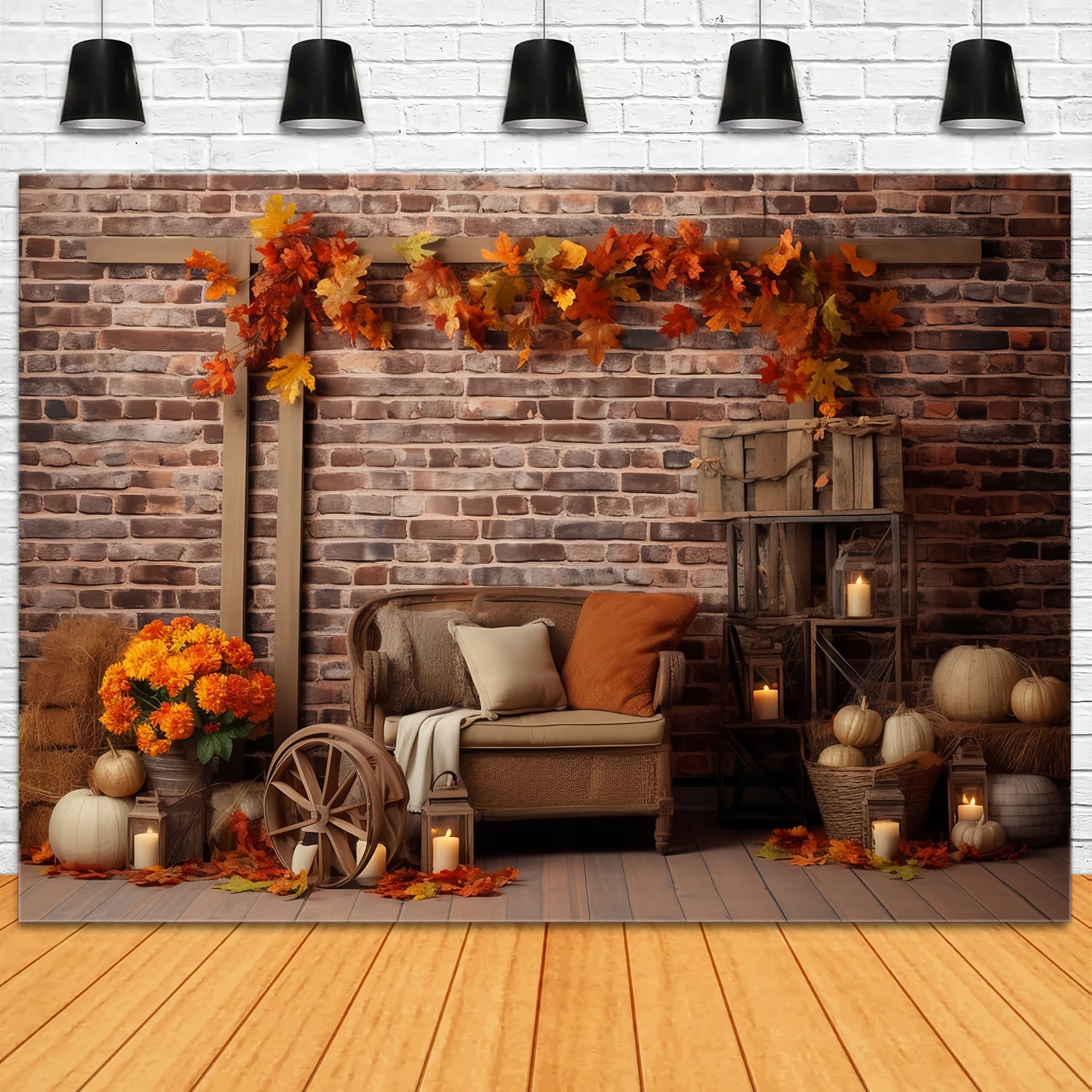 Pumpkins Maple Leaves Wall Autumn Backdrop UK RR7-142