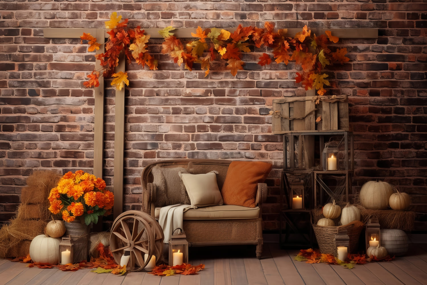 Pumpkins Maple Leaves Wall Autumn Backdrop UK RR7-142