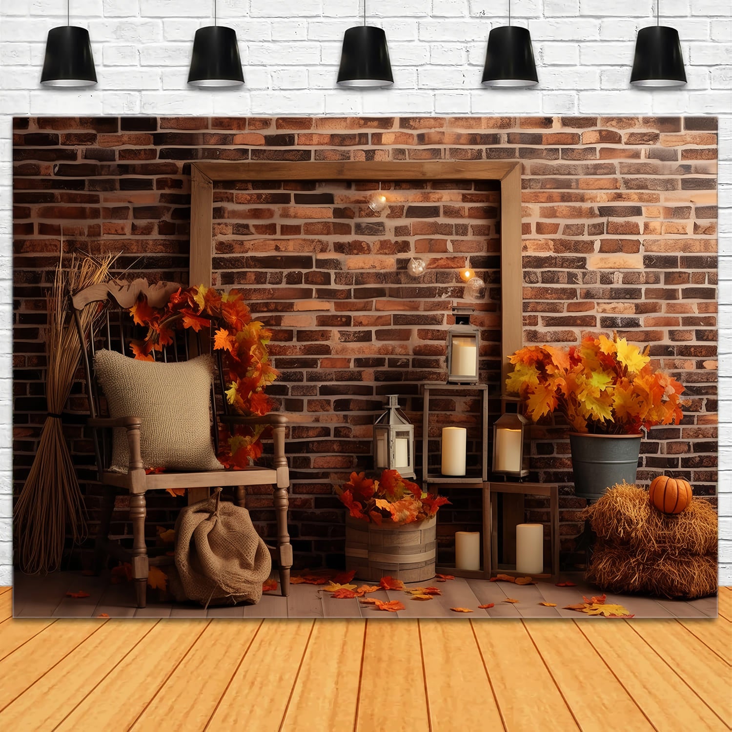 Autumn Maple Leaves Brick Wall Backdrop UK RR7-144