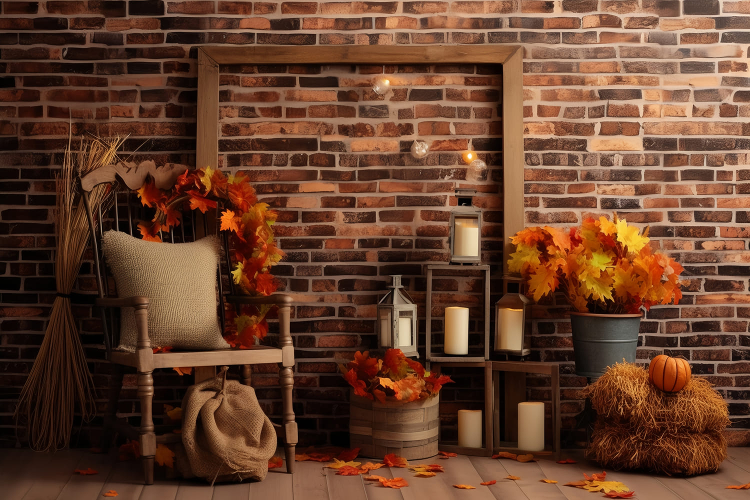 Autumn Maple Leaves Brick Wall Backdrop UK RR7-144