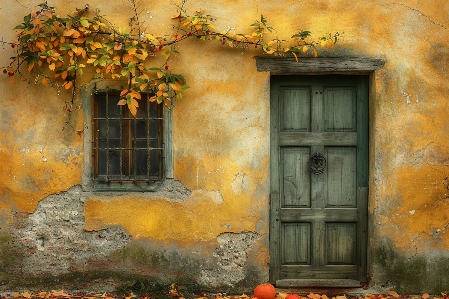 Ruined Wall Wood Door Autumn Backdrop UK RR7-147