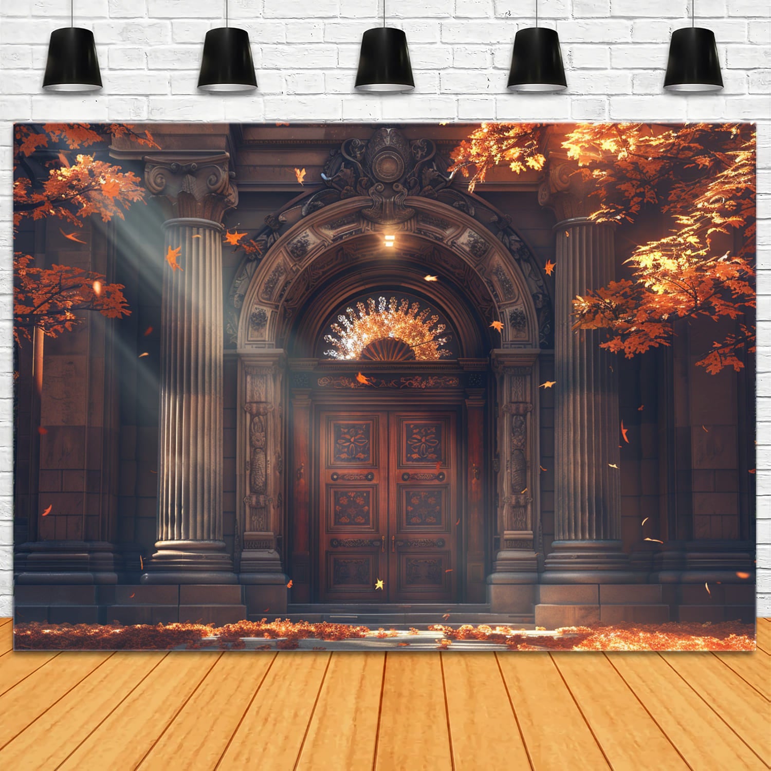 Autumn Mansion Door Maple Leaves Backdrop UK RR7-148