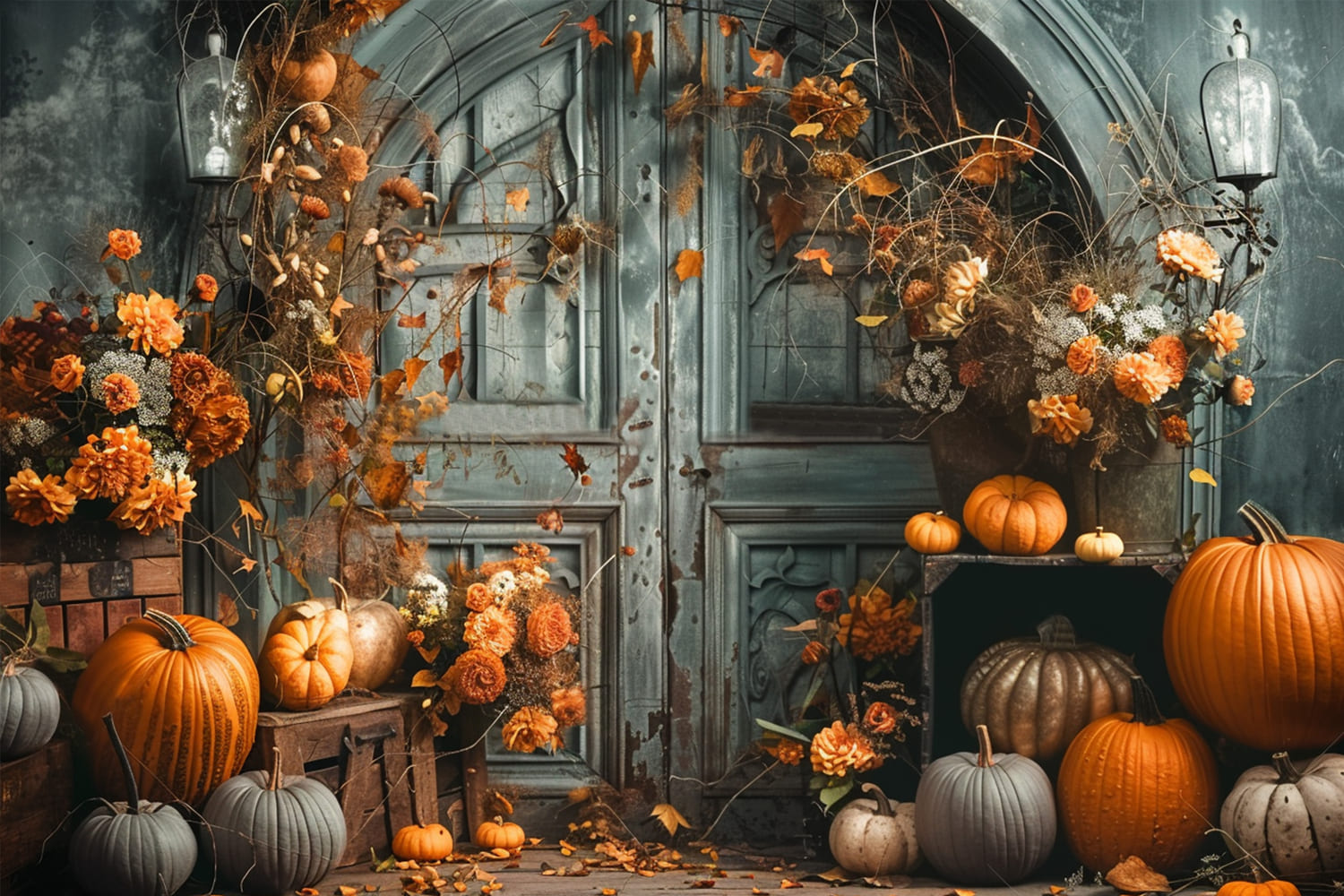 Autumn Door Pumpkins Photography Backdrop UK RR7-149