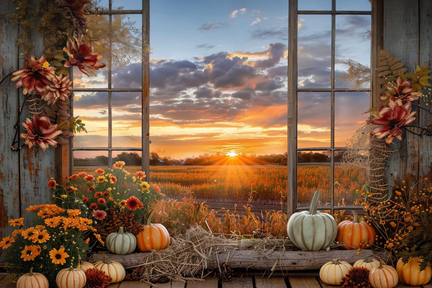 Autumn Pumpkins Window Scenery Backdrop UK RR7-151