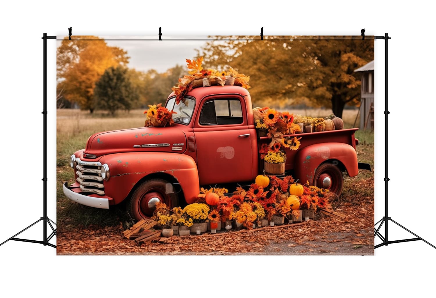 Autumn Red Truck Flowers Pumpkins Backdrop UK RR7-156