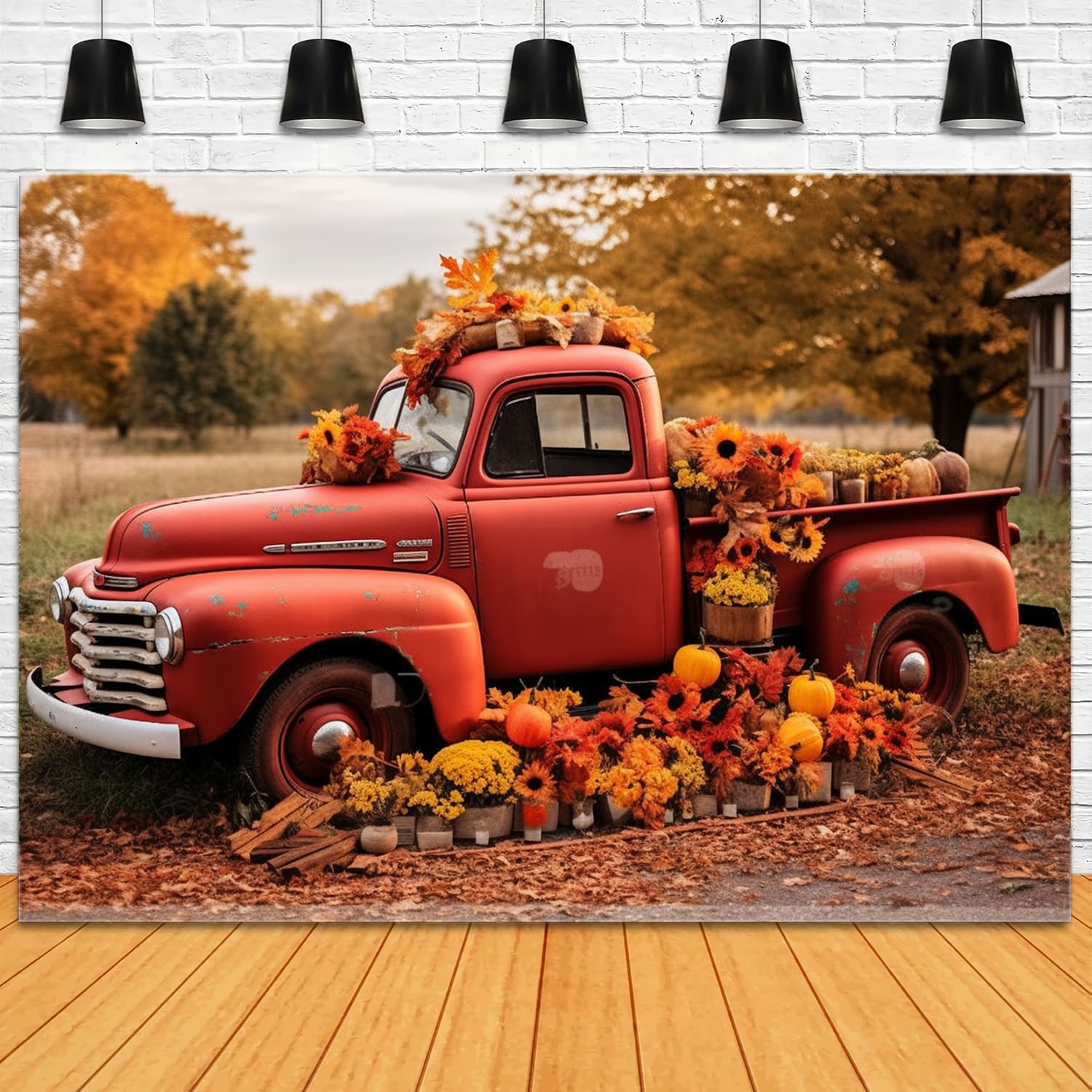 Autumn Red Truck Flowers Pumpkins Backdrop UK RR7-156