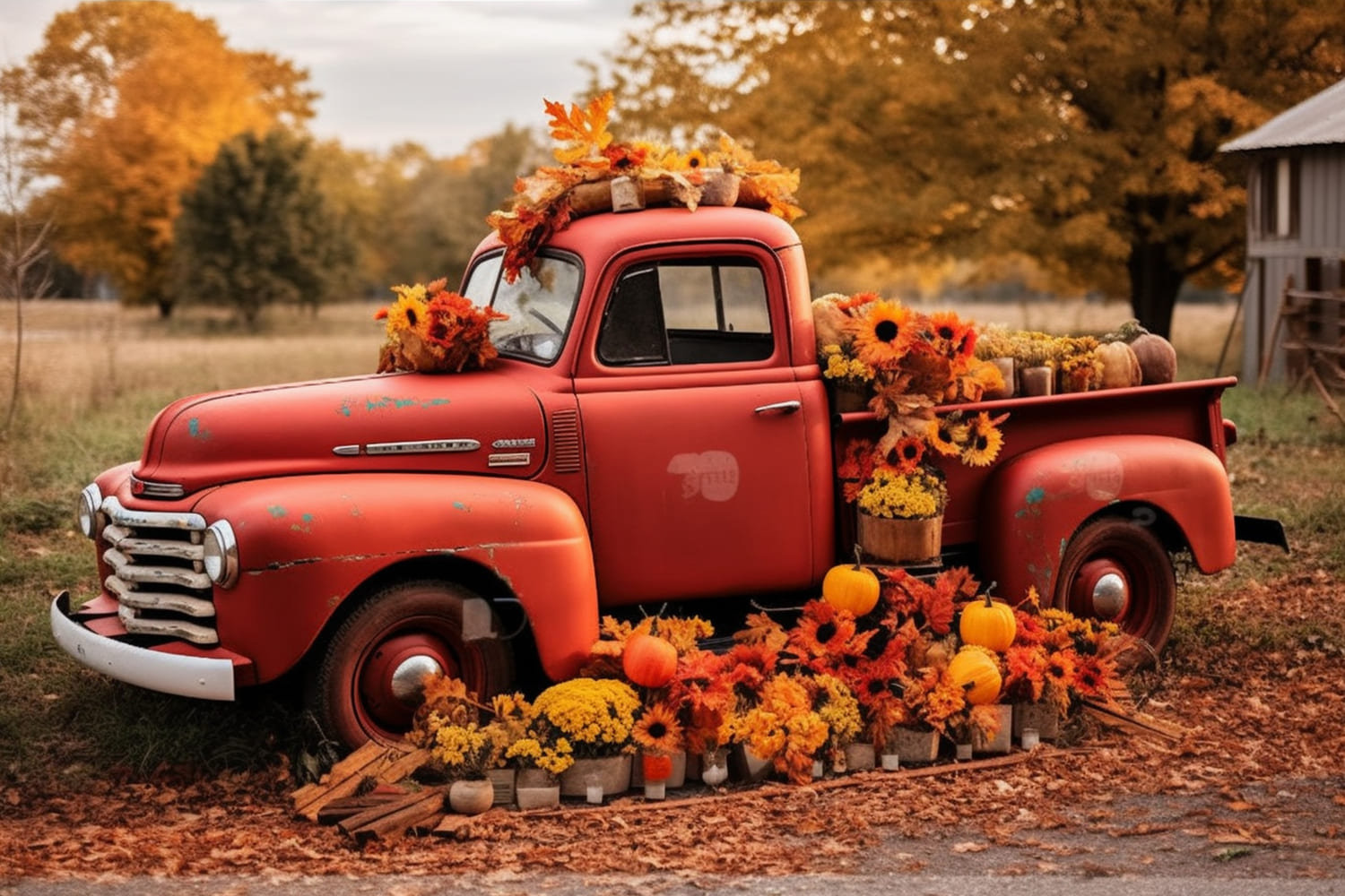 Autumn Red Truck Flowers Pumpkins Backdrop UK RR7-156