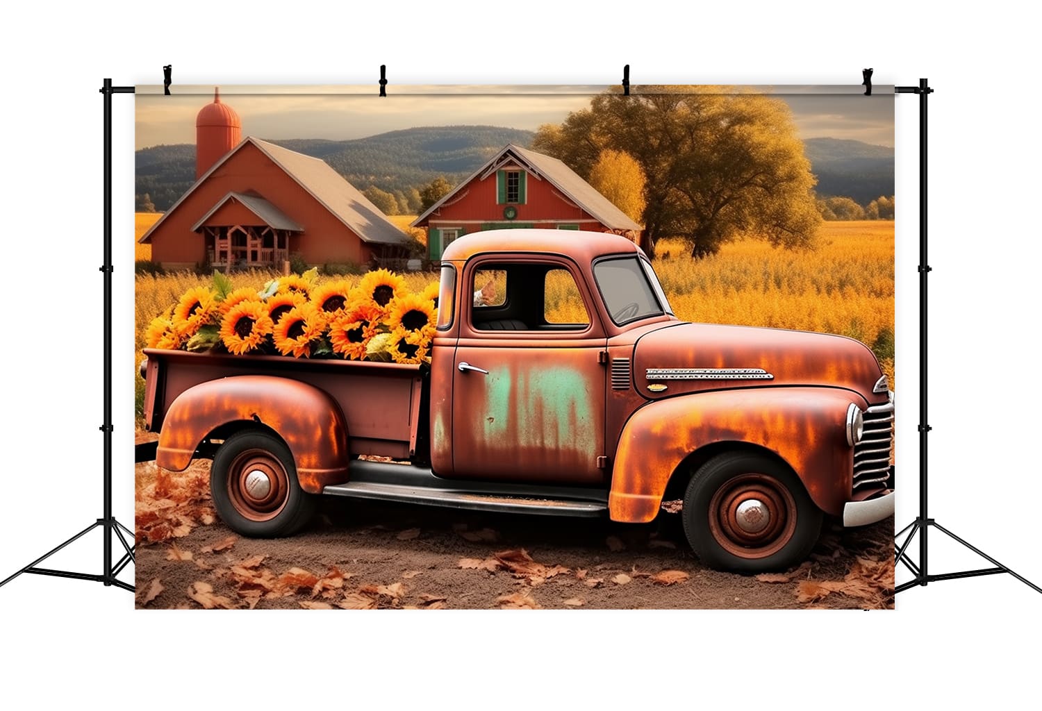 Autumn Field Sunflower Old Truck Backdrop UK RR7-158