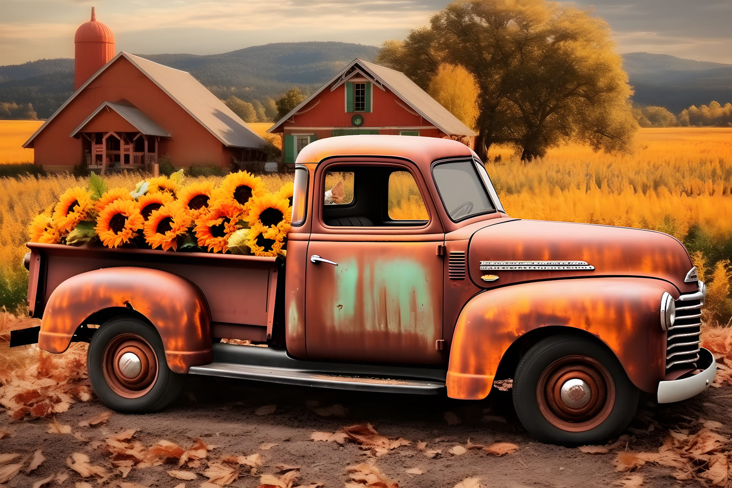 Autumn Field Sunflower Old Truck Backdrop UK RR7-158