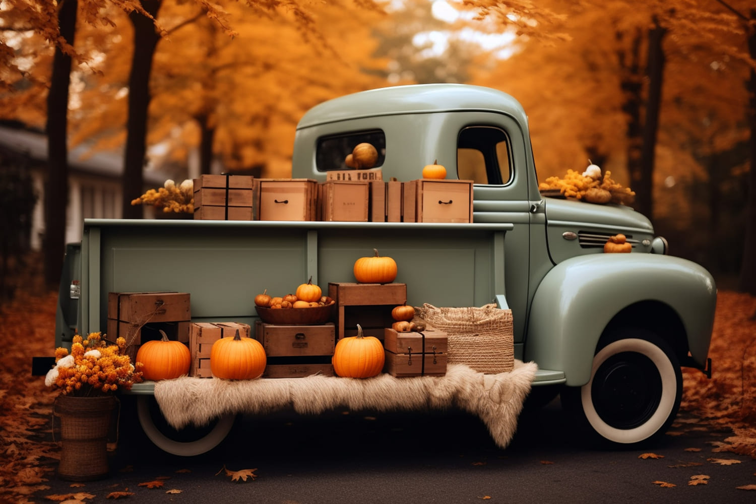 Autumn Forest Harvest Retro Truck Backdrop UK RR7-159