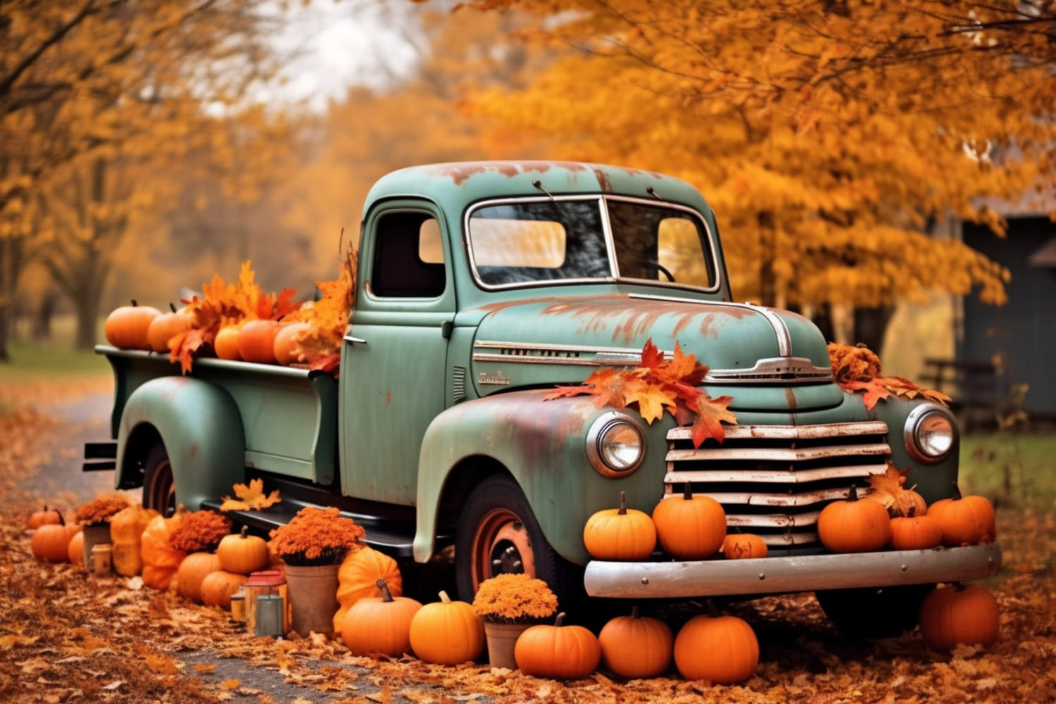 Autumn Maple Trees Pumpkins Truck Backdrop UK RR7-160