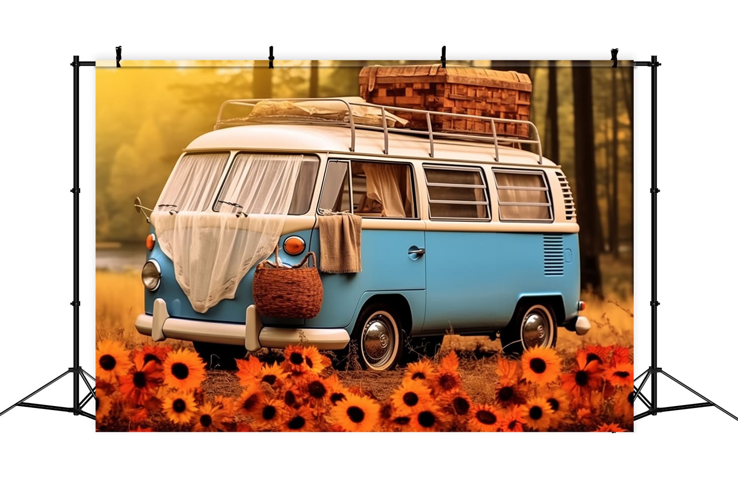 Autumn Sunflower Blue White Bus Backdrop UK RR7-163