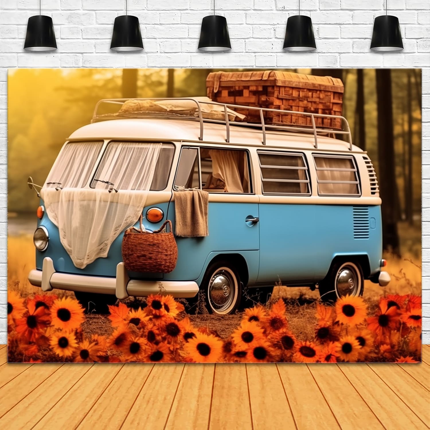 Autumn Sunflower Blue White Bus Backdrop UK RR7-163