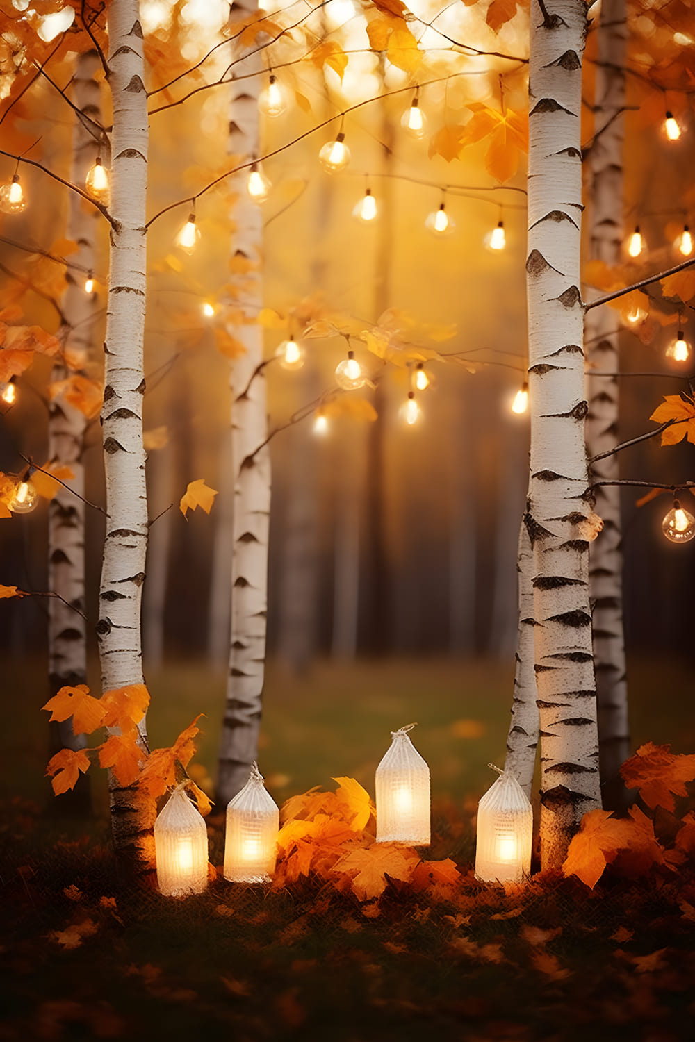 Autumn Birch Forest String Lights Backdrop UK RR7-165