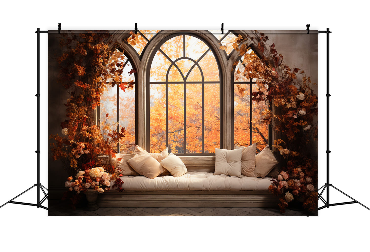 Autumn Maple Leaves Window Scenery Backdrop UK RR7-175