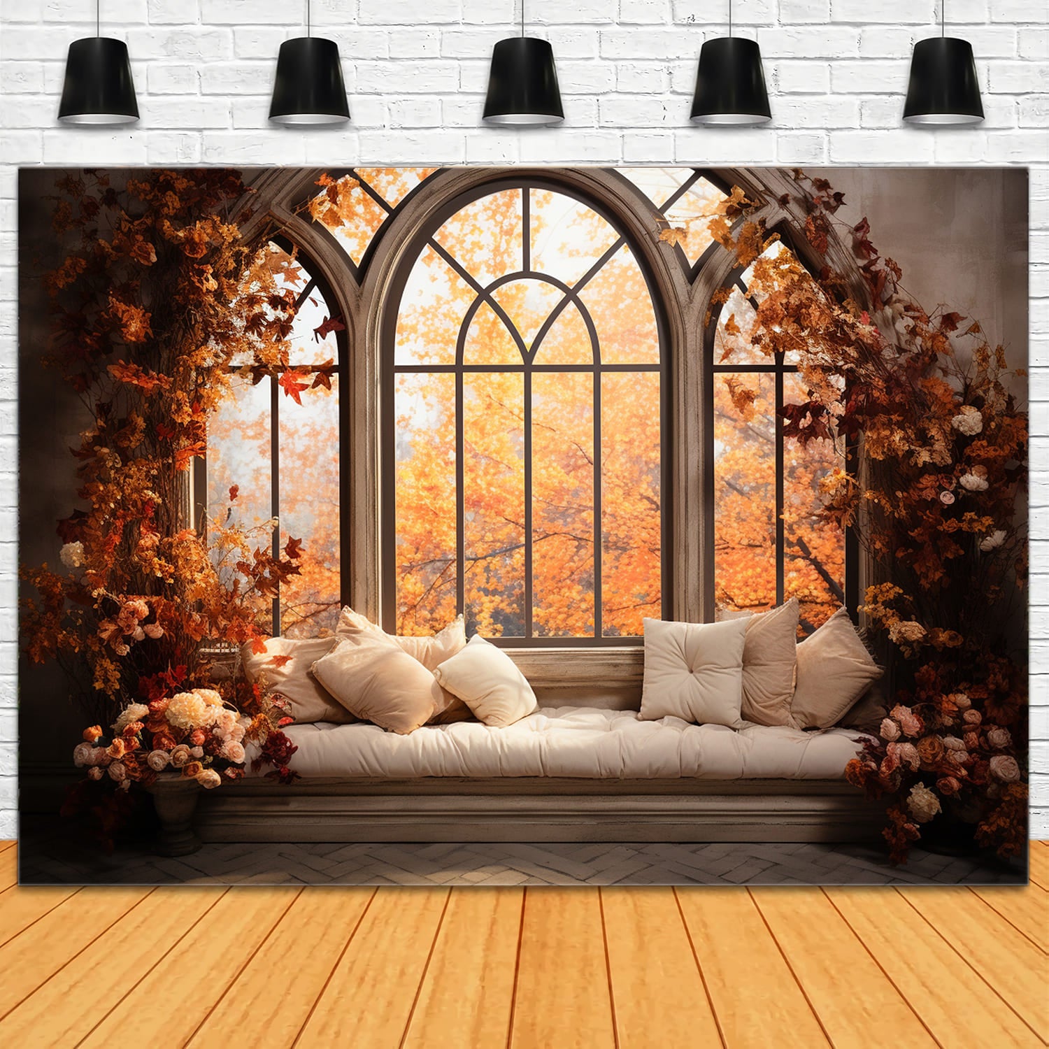 Autumn Maple Leaves Window Scenery Backdrop UK RR7-175