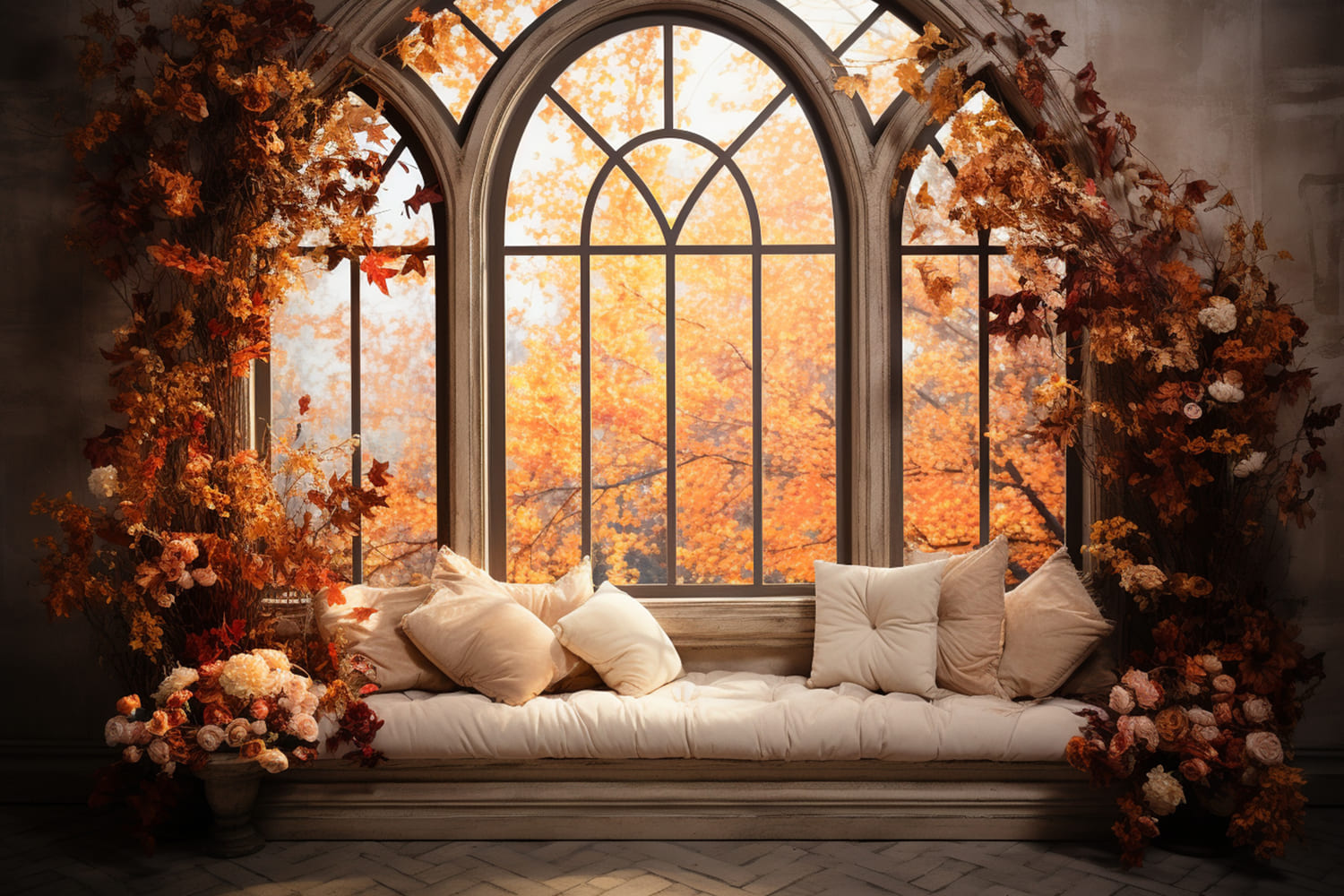 Autumn Maple Leaves Window Scenery Backdrop UK RR7-175