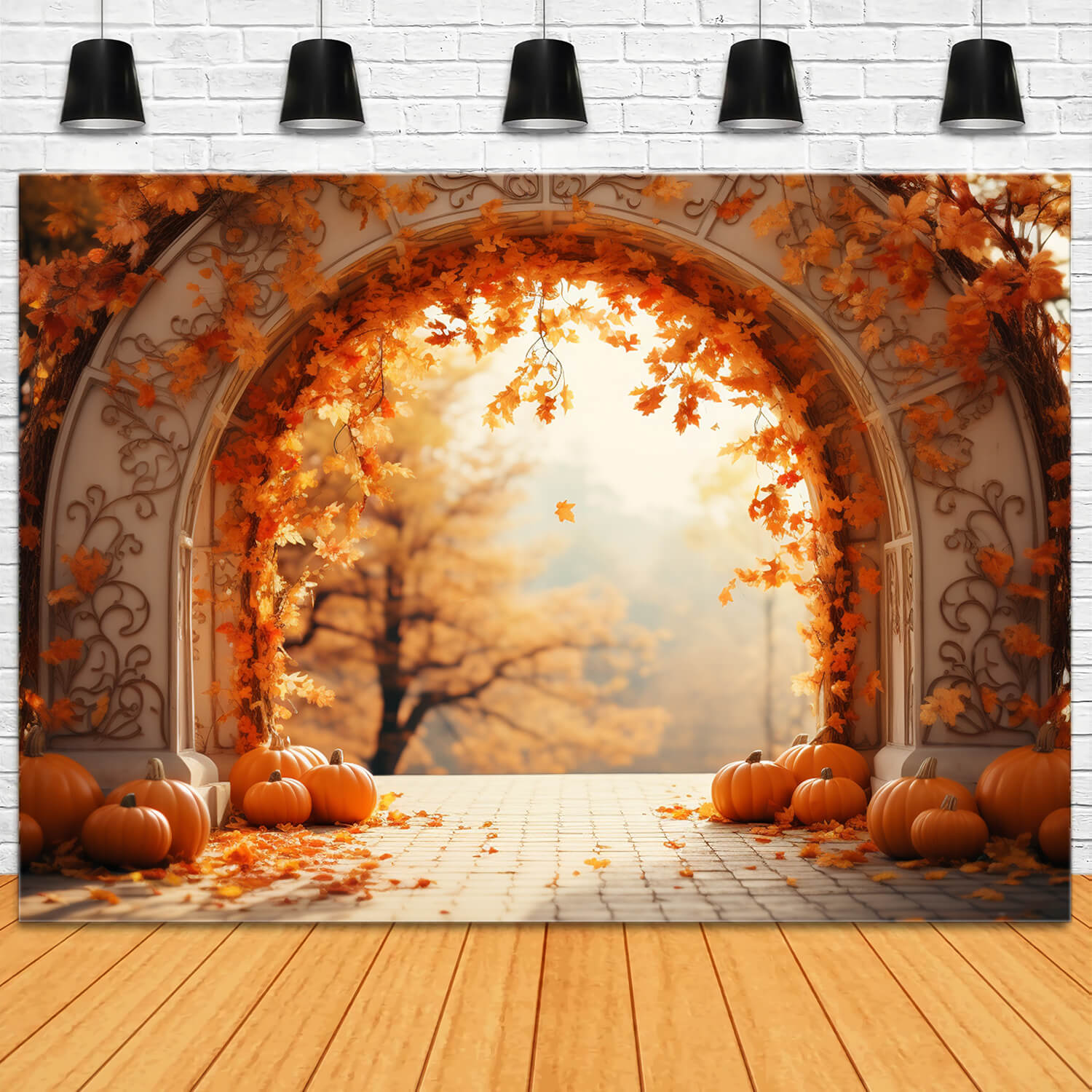 Maple Leaves Arch Pumpkins Autumn Backdrop UK RR7-178