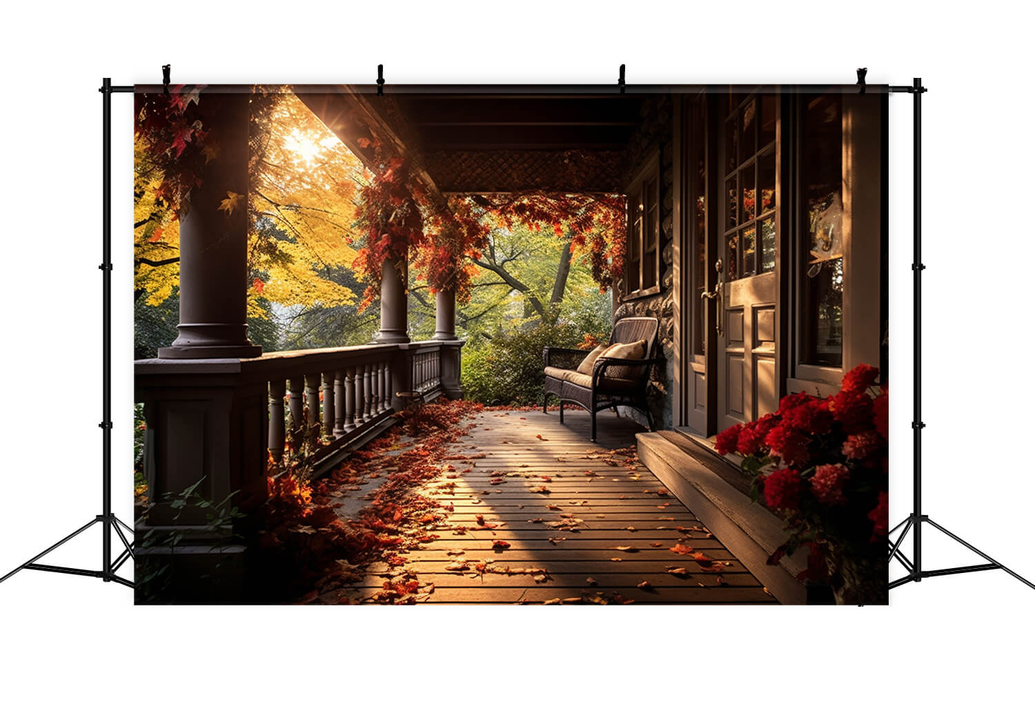 Cozy Autumn Porch Falling Leaves Backdrop UK RR7-181