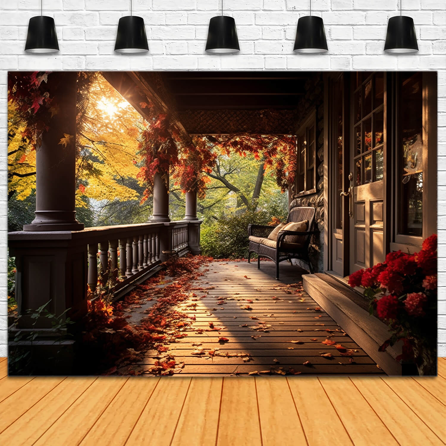 Cozy Autumn Porch Falling Leaves Backdrop UK RR7-181