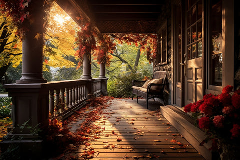 Cozy Autumn Porch Falling Leaves Backdrop UK RR7-181