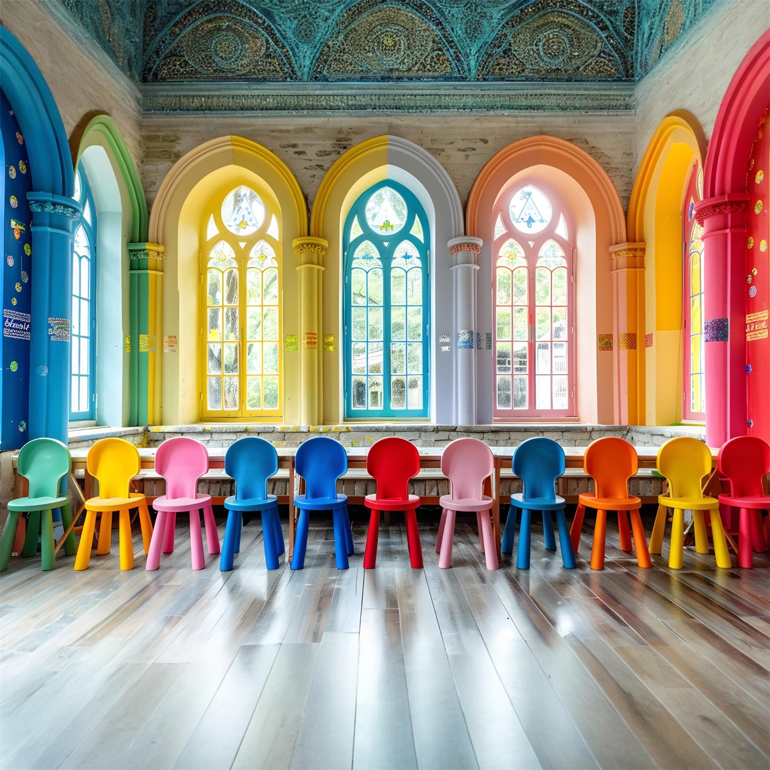 Colorful Classroom Chairs Back to School Backdrop UK RR7-202