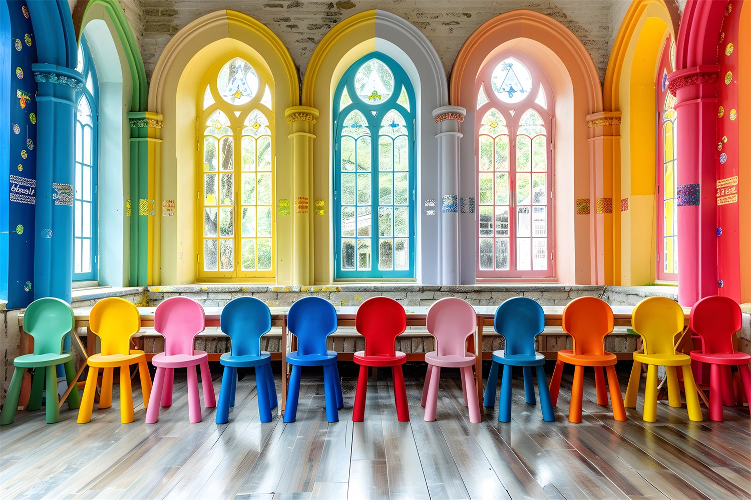 Colorful Classroom Chairs Back to School Backdrop UK RR7-202