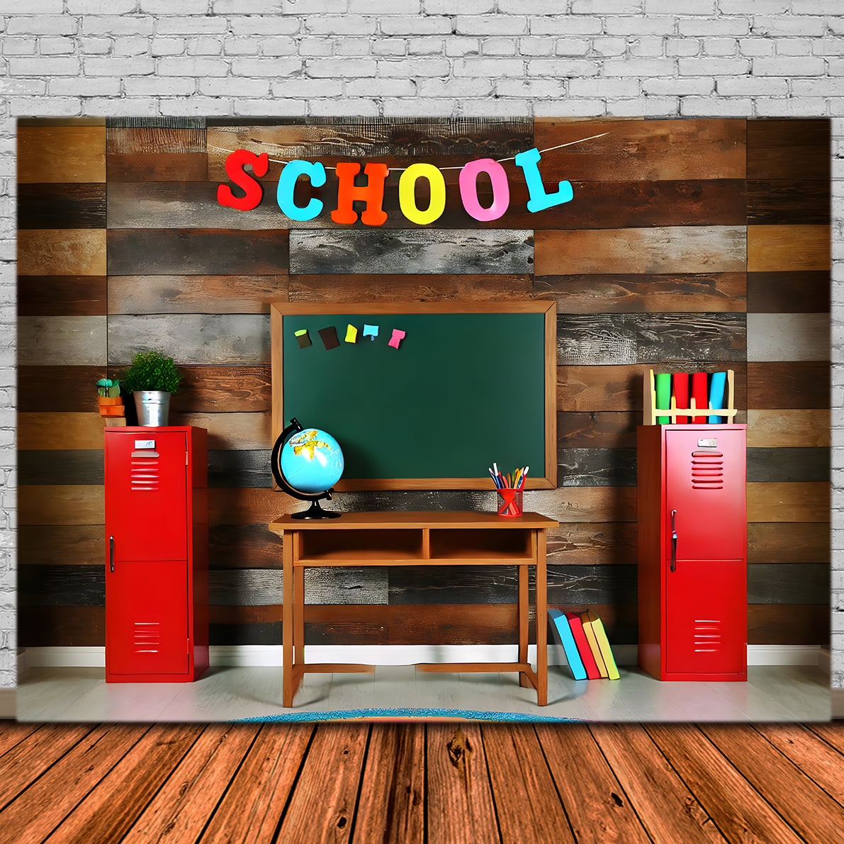 Back to School Lockers Wood Wall Backdrop UK RR7-207