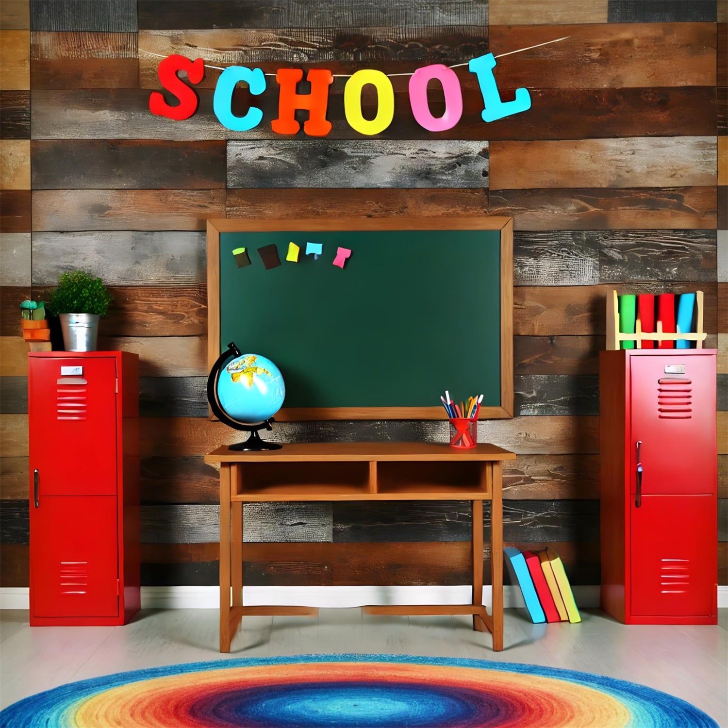 Back to School Lockers Wood Wall Backdrop UK RR7-207