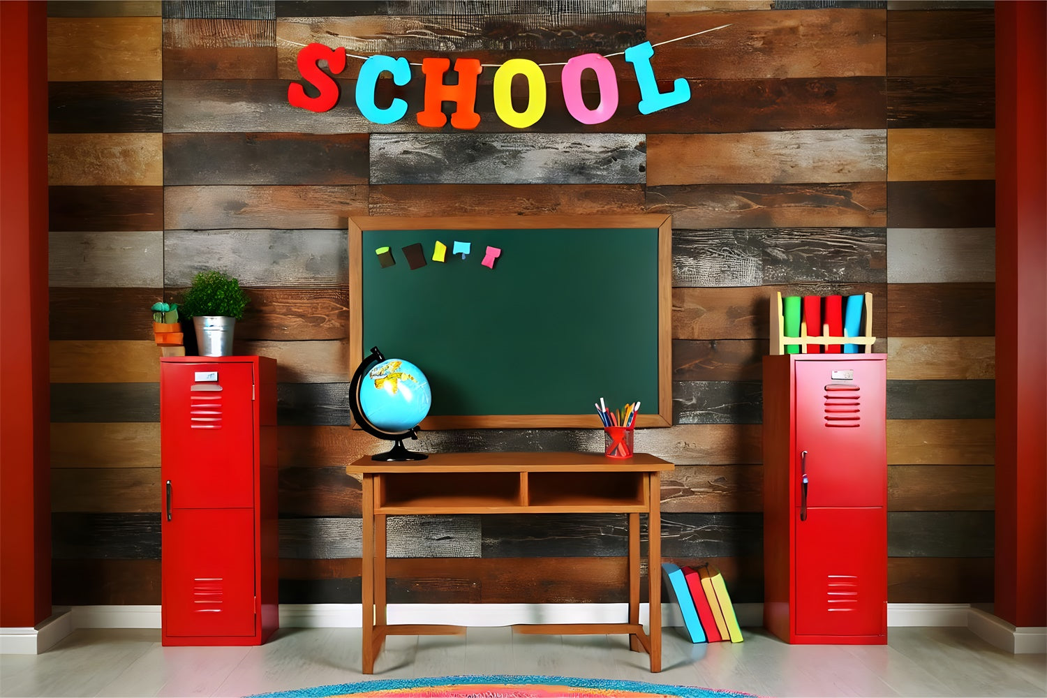 Back to School Lockers Wood Wall Backdrop UK RR7-207