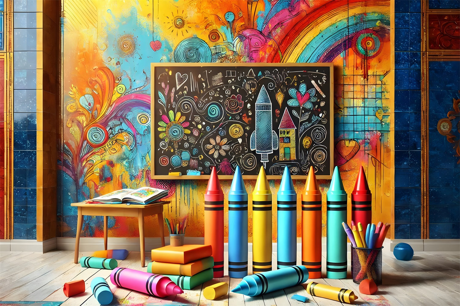 Crayons Painting Back to School Backdrop UK RR7-211