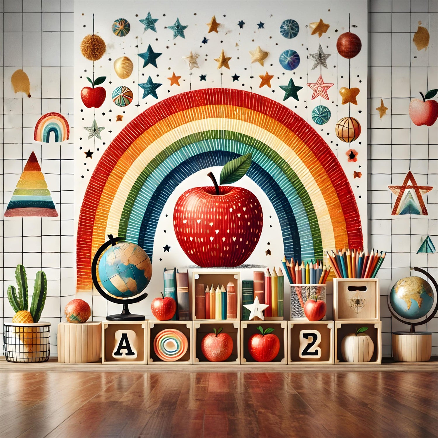 Back to School Rainbow Apples Backdrop UK RR7-235