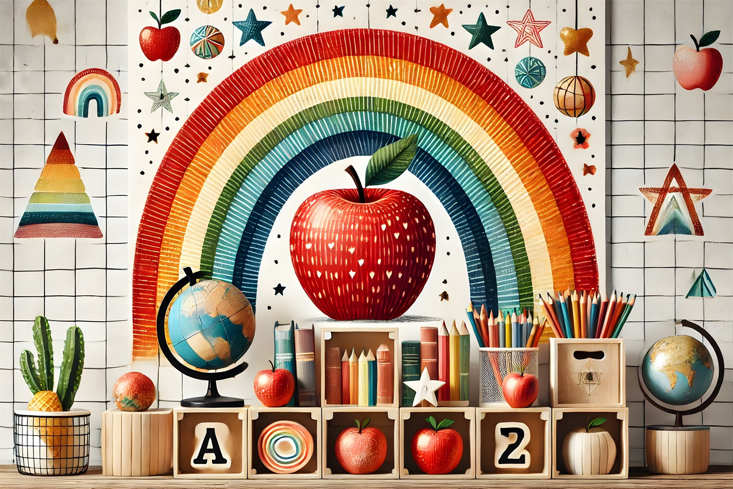 Back to School Rainbow Apples Backdrop UK RR7-235