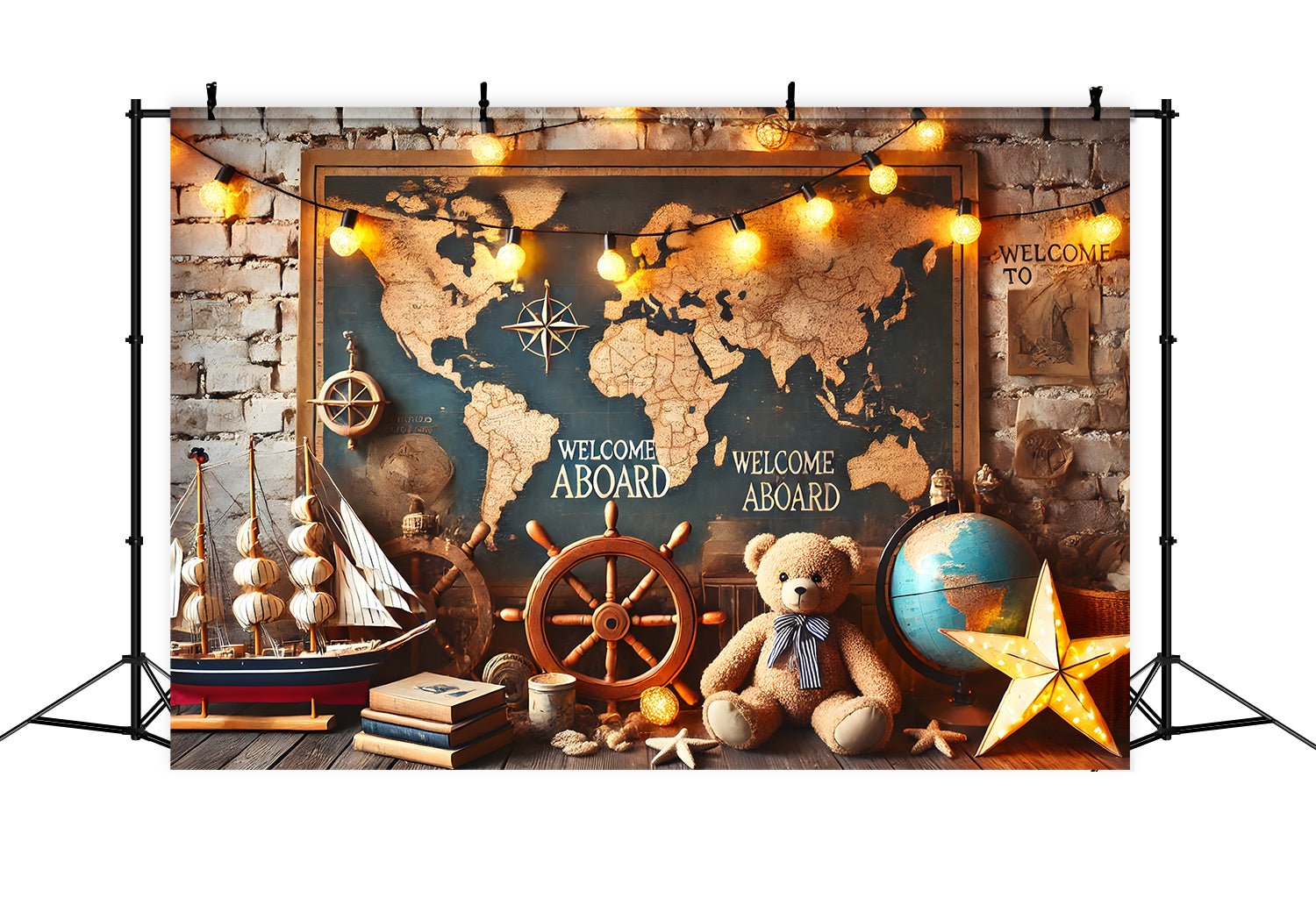 Back to School World Map Sailboat Backdrop UK RR7-244