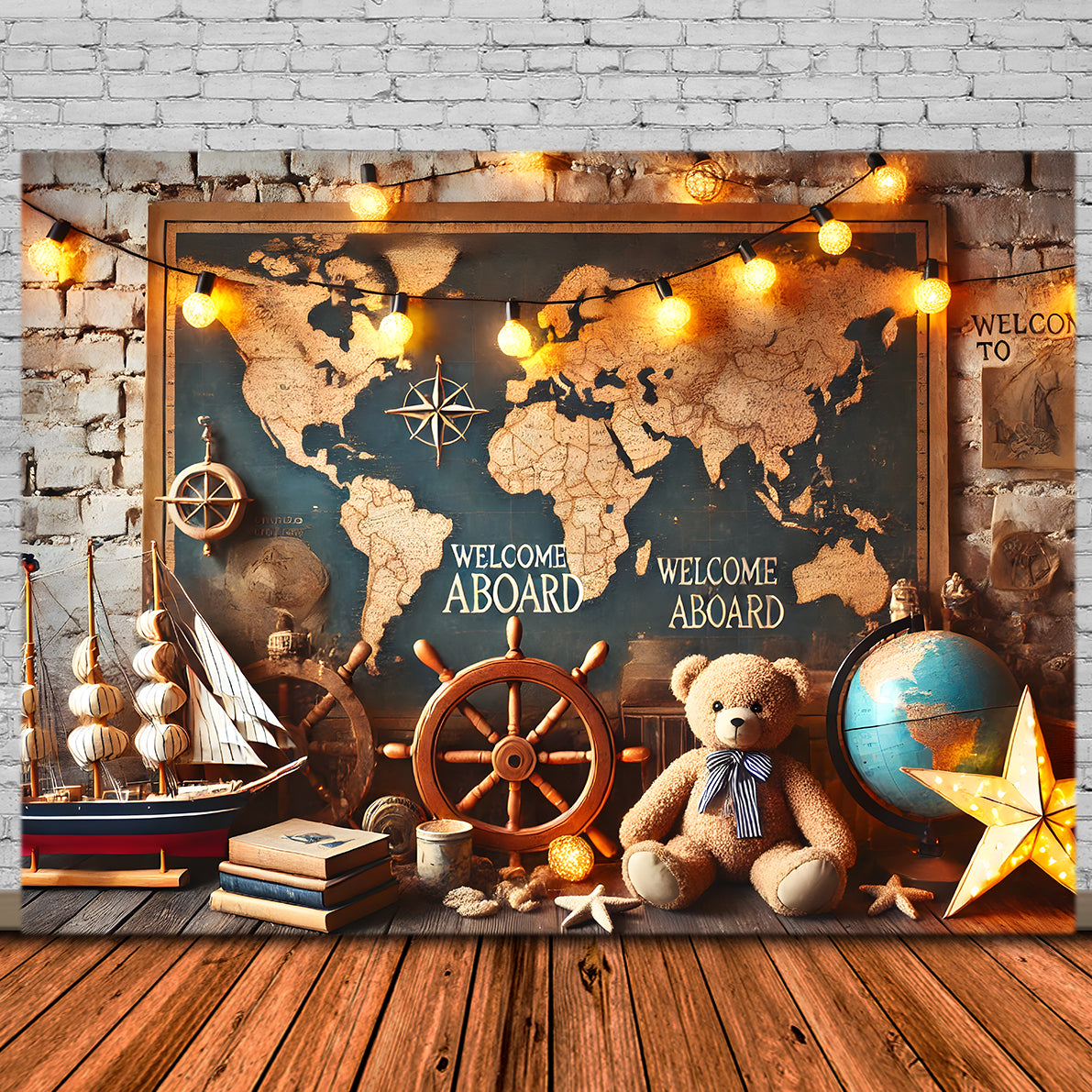 Back to School World Map Sailboat Backdrop UK RR7-244