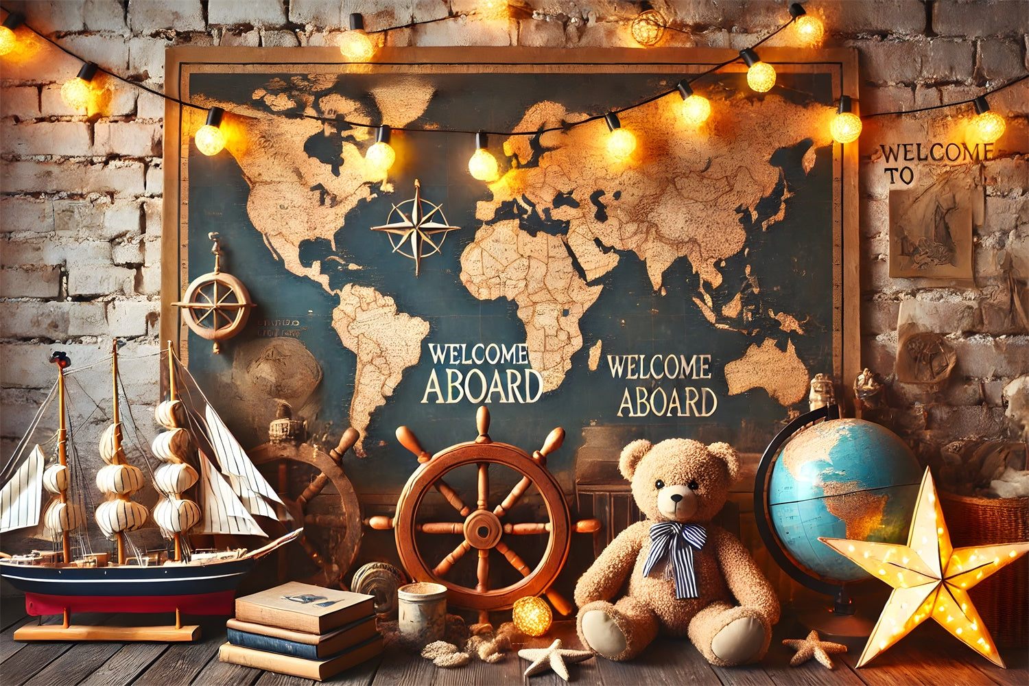 Back to School World Map Sailboat Backdrop UK RR7-244