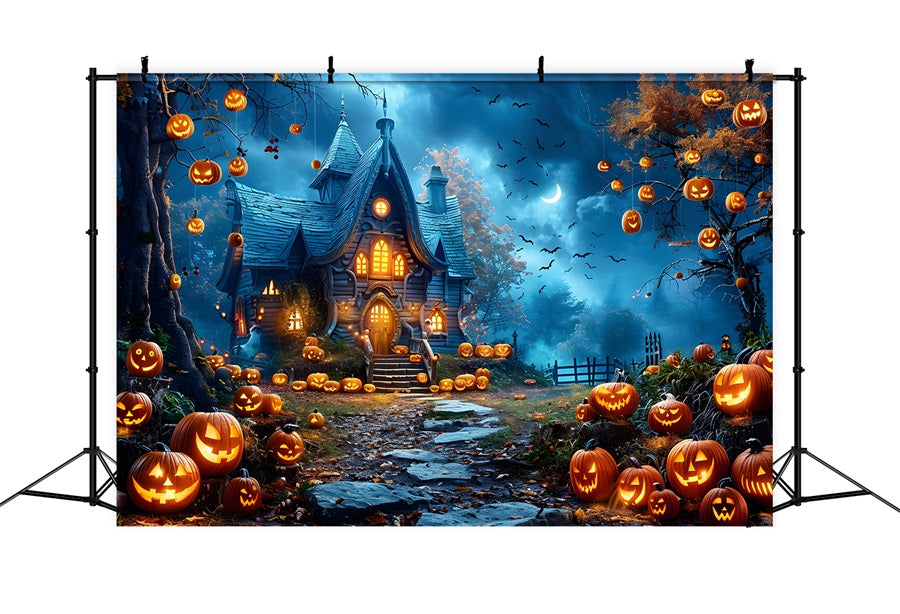 Haunted Halloween Pumpkin Cottage Backdrop UK RR7-247