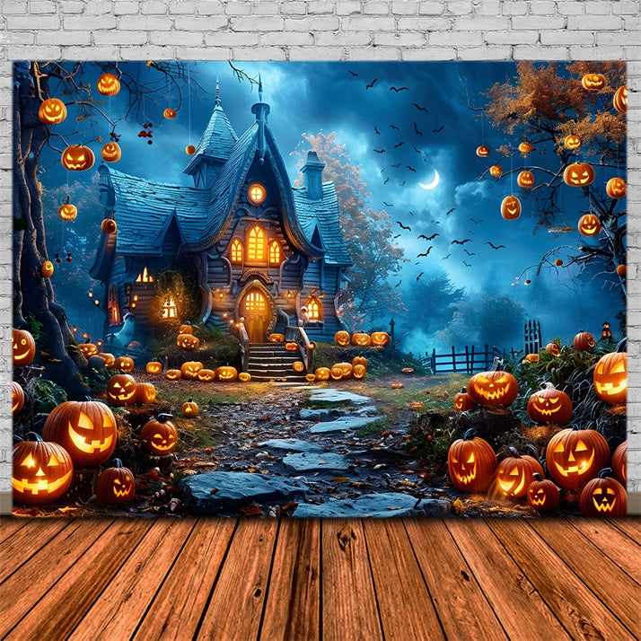 Haunted Halloween Pumpkin Cottage Backdrop UK RR7-247